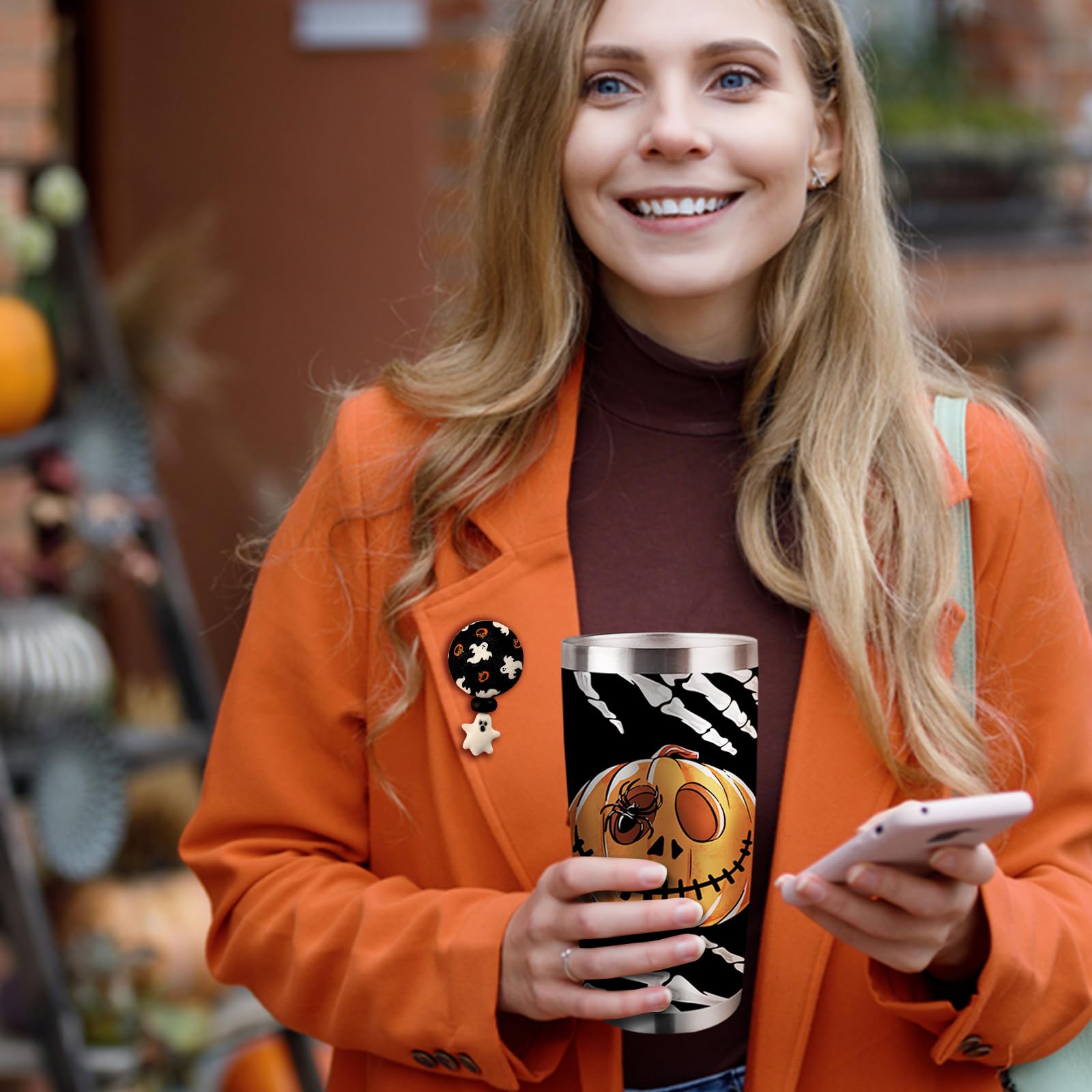 Zzkol Halloween Jack O Lantern Pumpkin Tumbler with Lid and Straw, Spooky Skull Skeleton Spider Stainless Steel Travel Coffee Cup, 20oz Gothic Holiday Double Wall Vacuum Insulated Mug Halloween Gifts