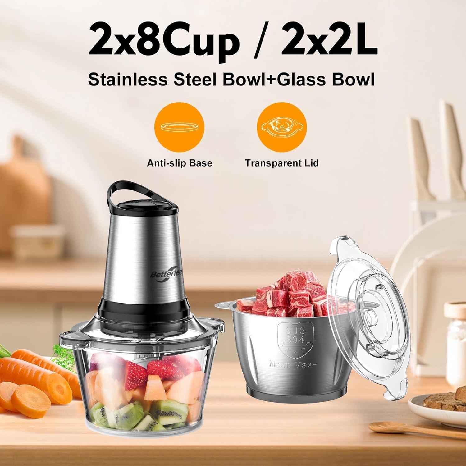 Meat Grinder, 500W Powerful Food Processor with Handle, 2 Bowls(8 Cup+8 Cup)-Includes 1 Set of Bi-Level Blades, Electric Veggie Chopper for Family, Baby Food, Nuts, Grains