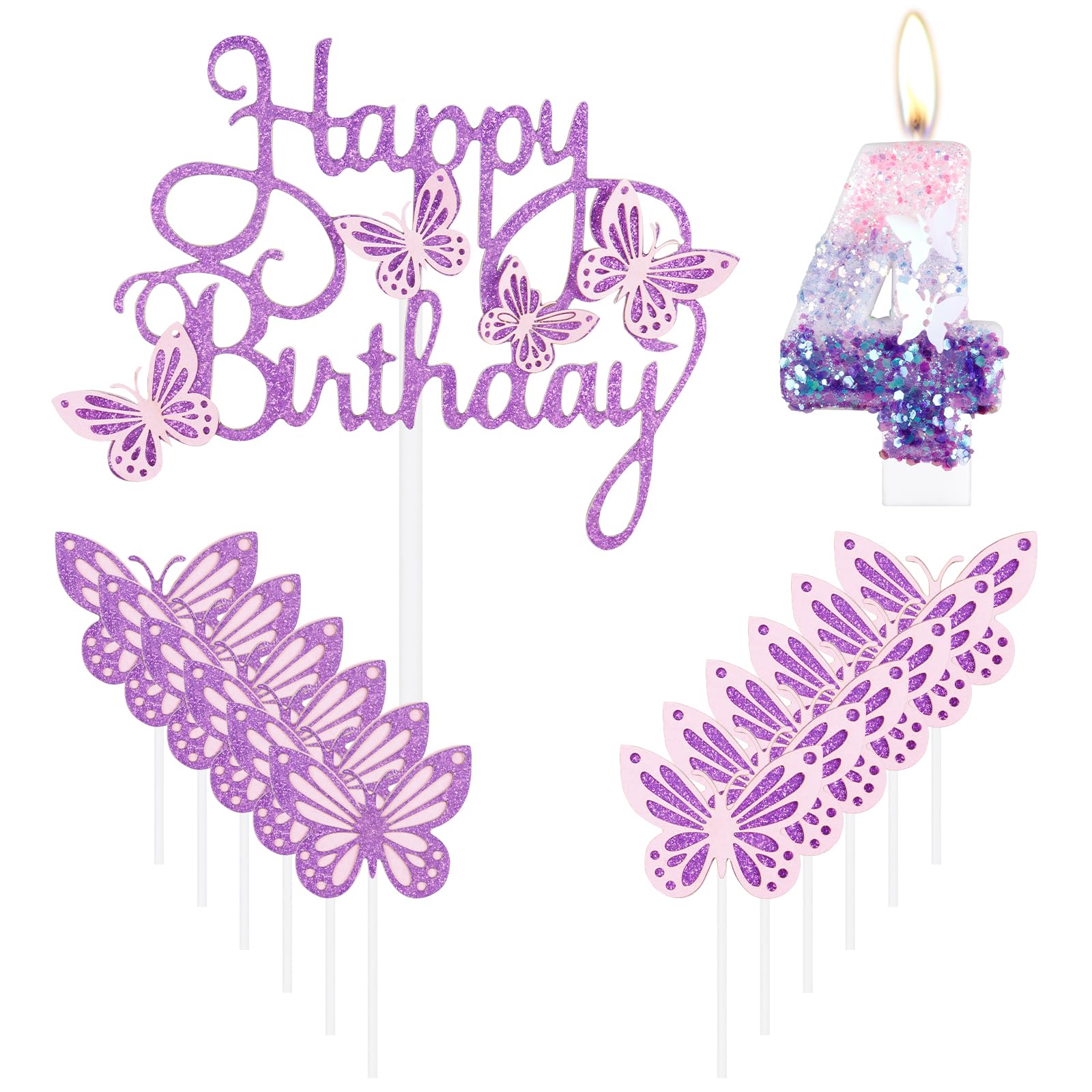 iNINGER Birthday Candles,Number 4 Candle,Butterfly 4th Birthday Decorations for Women/Girl,Cupcake Candle for Party,Purple Handmade Sequin Numeral Candle Wedding Cake Topper Anniversary Party Decor