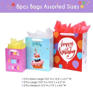 8 Pack Birthday Gift Bags Assorted Sizes (2 Extra Large 15", 3 Large 13",3 Medium 9"), Birthday Gift Bags with Ribbon Handle and Tissue Paper,Reusable and Perfect For Birthday Gift Wrapping Present