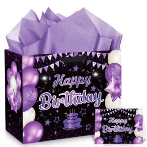 purple birthday gift bag, large purple and black happy birthday gift bag with card and purple tissue paper for girls women anniversary birthday party favors kids adults goodie wrapping bag supplies