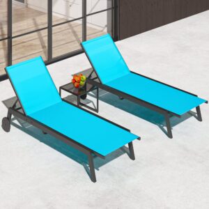 yitahome outdoor chaise lounge chairs set with side table, 3 pieces adjustable backrest poolside loungers with aluminum frame/textilene fabric/wheels for pool beach patio lawn porch (blue)