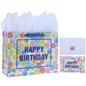 13" large colorful gift bag set with greeting card and tissue papers (dots and happy birthday) for women's or men's birthday party, girls', boys' or kids' birthday parties, baby shower, baby girl or boy -13”x5.2”x10.2”,1 pcs.