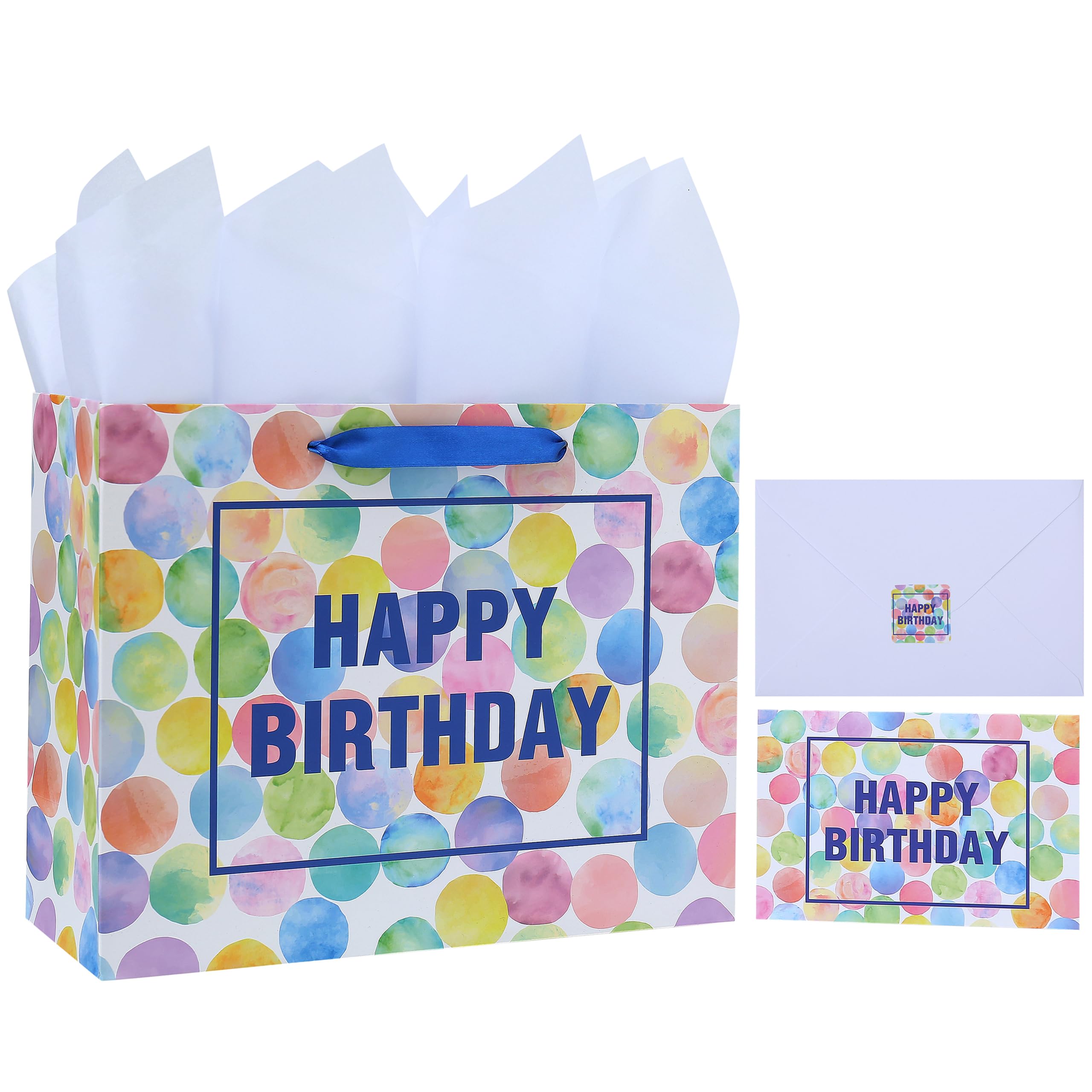 13" Large Colorful Gift Bag Set with Greeting Card and Tissue Papers (Dots and Happy Birthday) for Women's or Men's Birthday Party, Girls', Boys' or Kids' Birthday Parties, Baby Shower, Baby Girl or Boy -13”x5.2”x10.2”,1 Pcs.