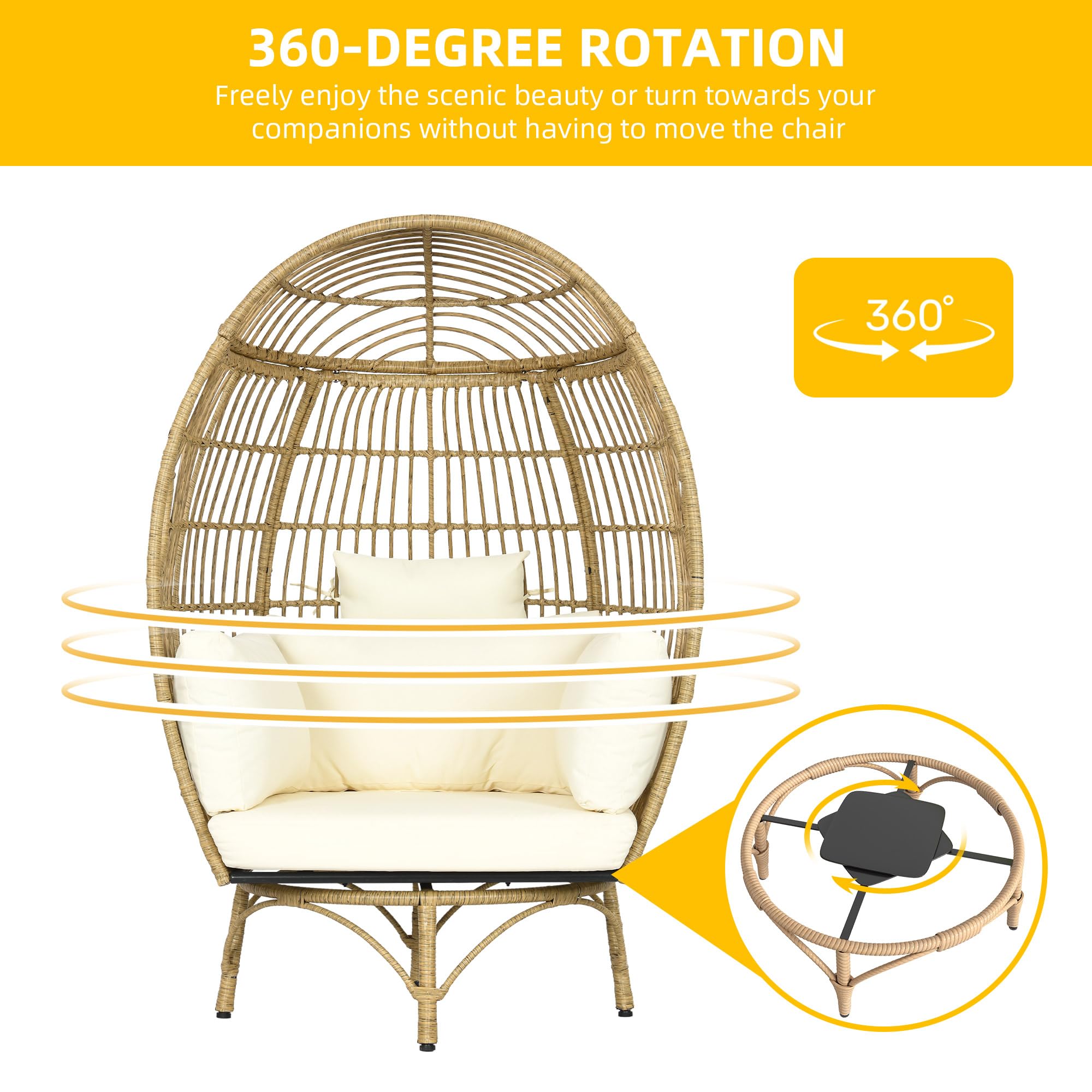 DWVO Outdoor Rotating Egg Chair, Patio Swivel Chair Oversized, 370lb Capacity, Anti-Slip, All-Weather Wicker Egg Lounger Chair for Indoor, Outside (Beige)