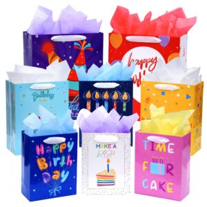 8 pack birthday gift bags assorted sizes (2 extra large 15", 3 large 13",3 medium 9"), birthday gift bags with ribbon handle and tissue paper,reusable and perfect for birthday gift wrapping present