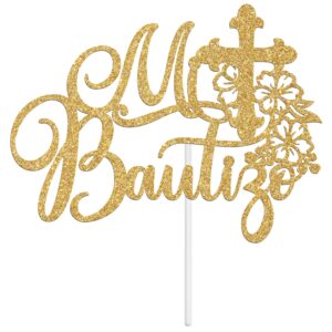 Mi Bautizo Cake Topper, Mi Primera Comunion, First Holy Communion, Bridal Shower/Wedding/Baptism/Christening Baby Shower Party Decorations, Gold Glitter