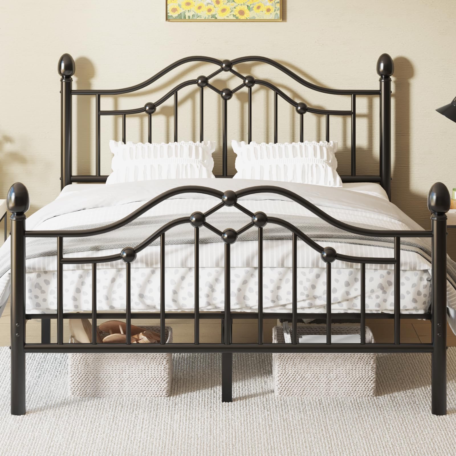 LOEWAY Full Metal Bed Frame with Classical Headboard and Footboard, Platform Bed Frame with Sturdy Metal Slats Support, Adequate Under Bed Storage, No Box Spring Needed, Easy Assembly, Black