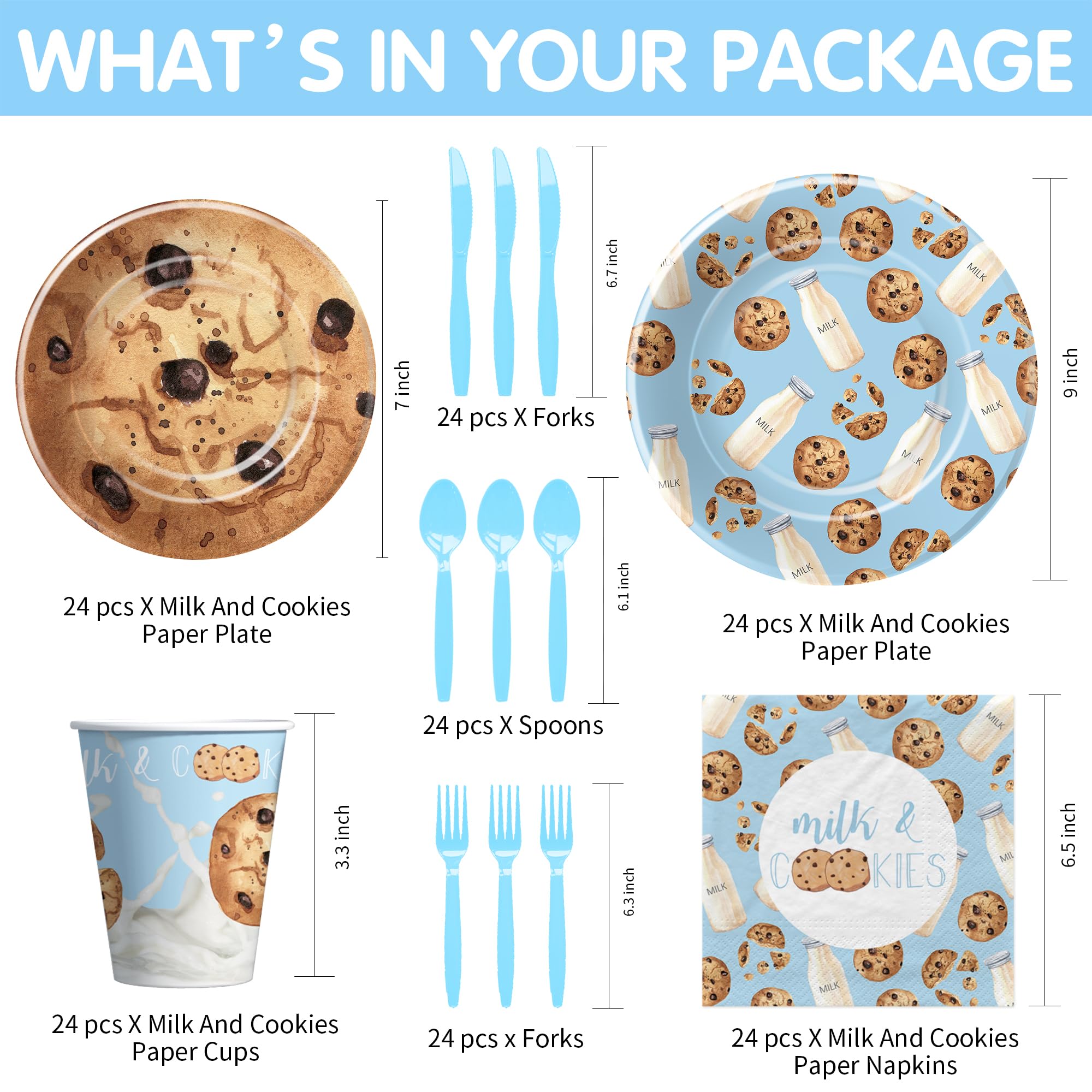 Xigejob Milk and Cookies Birthday Party Supplies - Milk and Cookies Party Decorations Tableware, Paper Plate, Cup, Napkin, Cutlery, Chocolate Chip Cookies and Milk Baby Shower Decorations | Serve 24