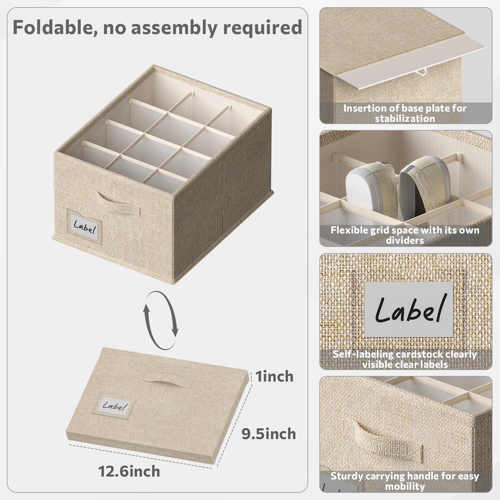 FHSQX 2 Pack Shoe Organizer for Closet,Fits up to 24 Pairs,Fabric Shoe Storage Bins,Large Shoe Box Storage Containers with Bottom Support for Shoes (Beige, (16.5 * 12.6 * 9.5) x1)