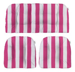 rsh decor: 3-piece wicker tufted cushion set | 41” x 19" & 19" x 19" | all-weather spun fabric | water-resistant | outdoor loveseat & u-shape cushions for patio furniture | classic pink stripe