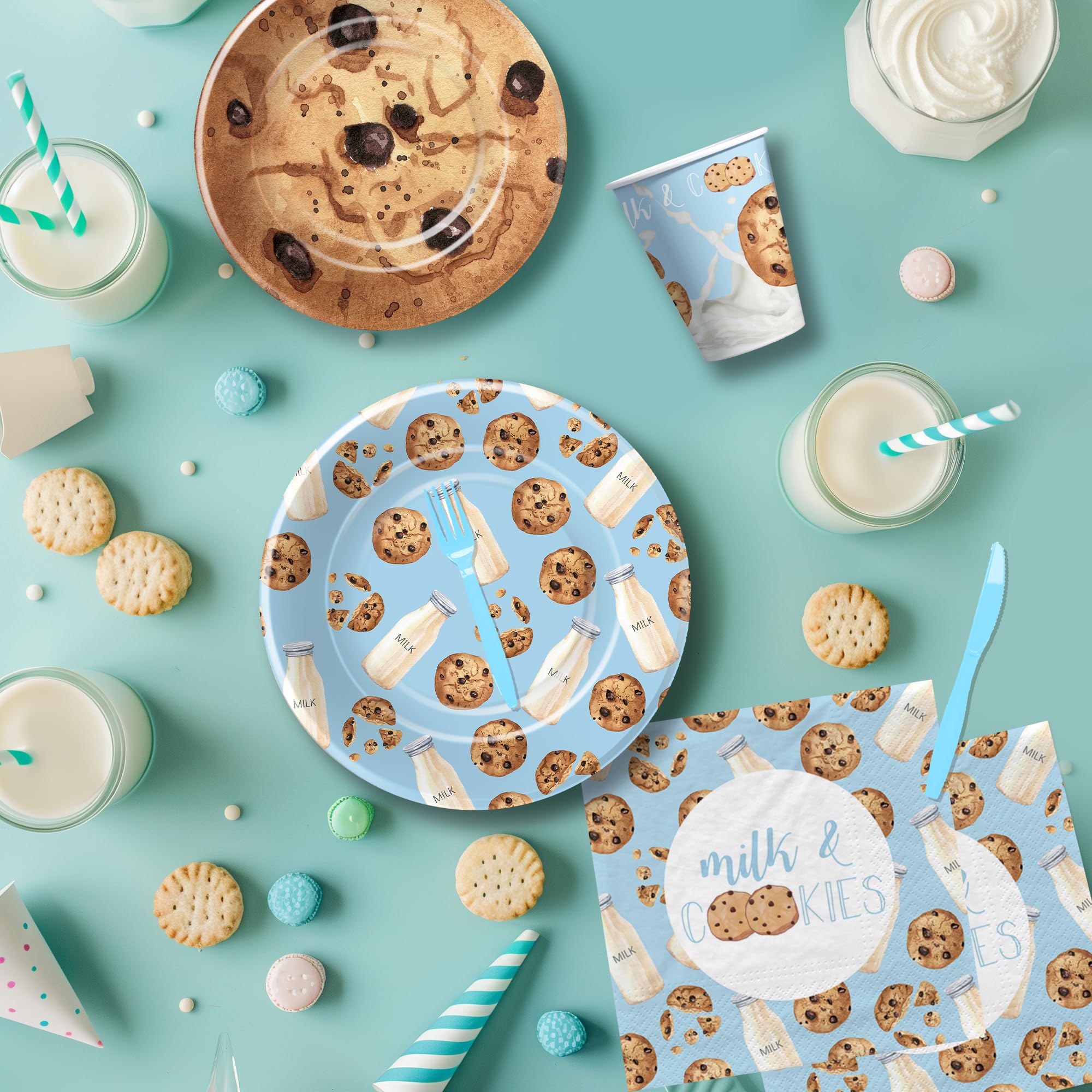 Xigejob Milk and Cookies Birthday Party Supplies - Milk and Cookies Party Decorations Tableware, Paper Plate, Cup, Napkin, Cutlery, Chocolate Chip Cookies and Milk Baby Shower Decorations | Serve 24