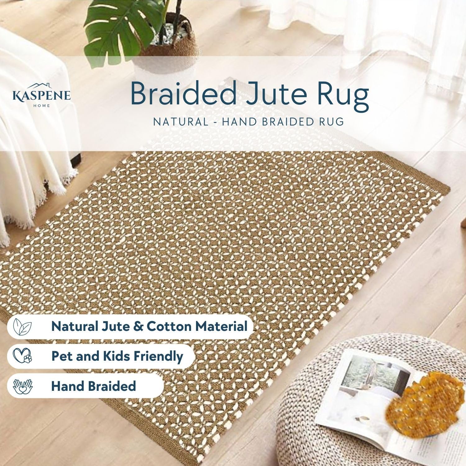 Kaspene Home, Braided Natural Jute Rug, Handmade with Braided Weave, Durable, Ideal for Entryway, Living Room, and Kitchens - Boho, Farmhouse, Pet and Kid Friendly 4'x6'