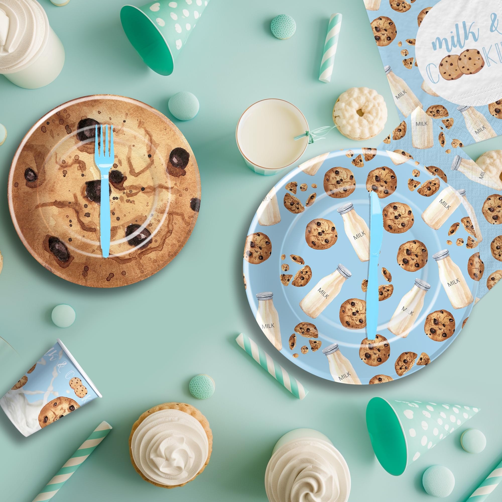 Xigejob Milk and Cookies Birthday Party Supplies - Milk and Cookies Party Decorations Tableware, Paper Plate, Cup, Napkin, Cutlery, Chocolate Chip Cookies and Milk Baby Shower Decorations | Serve 24