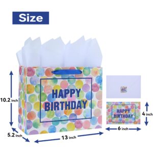 13" Large Colorful Gift Bag Set with Greeting Card and Tissue Papers (Dots and Happy Birthday) for Women's or Men's Birthday Party, Girls', Boys' or Kids' Birthday Parties, Baby Shower, Baby Girl or Boy -13”x5.2”x10.2”,1 Pcs.