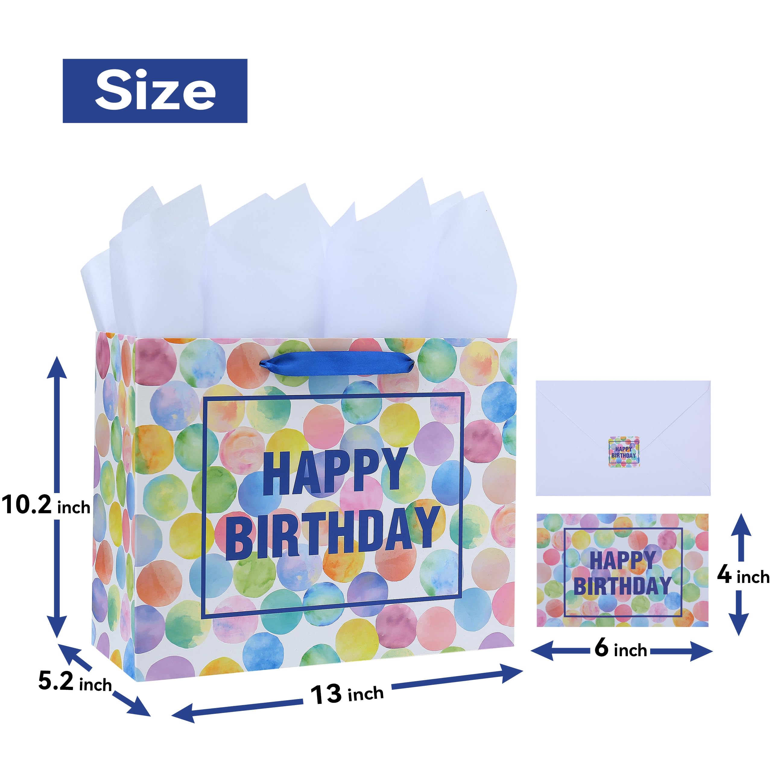 13" Large Colorful Gift Bag Set with Greeting Card and Tissue Papers (Dots and Happy Birthday) for Women's or Men's Birthday Party, Girls', Boys' or Kids' Birthday Parties, Baby Shower, Baby Girl or Boy -13”x5.2”x10.2”,1 Pcs.