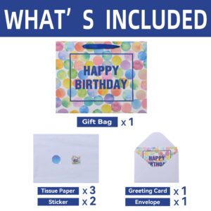 13" Large Colorful Gift Bag Set with Greeting Card and Tissue Papers (Dots and Happy Birthday) for Women's or Men's Birthday Party, Girls', Boys' or Kids' Birthday Parties, Baby Shower, Baby Girl or Boy -13”x5.2”x10.2”,1 Pcs.