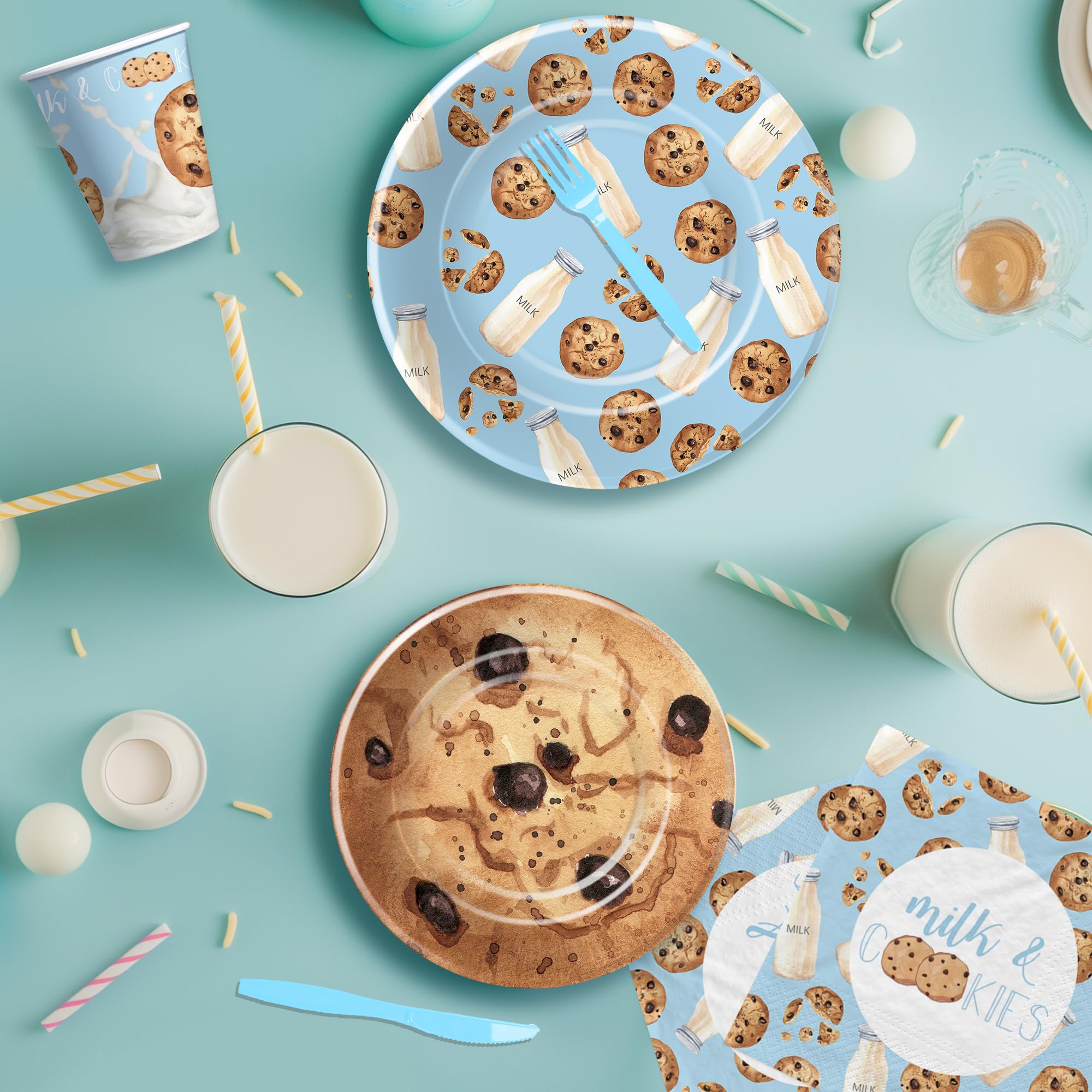 Xigejob Milk and Cookies Birthday Party Supplies - Milk and Cookies Party Decorations Tableware, Paper Plate, Cup, Napkin, Cutlery, Chocolate Chip Cookies and Milk Baby Shower Decorations | Serve 24