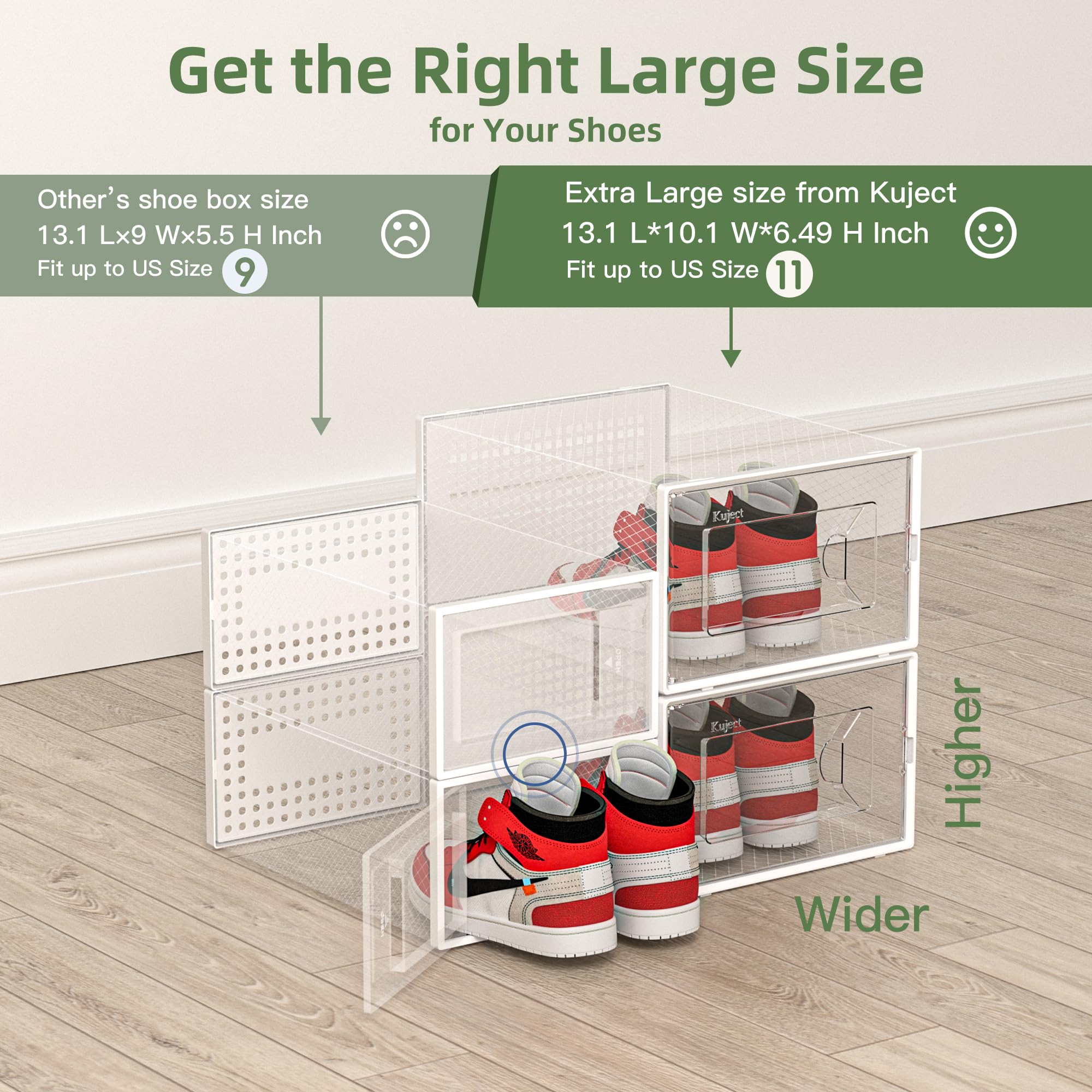 Kuject X-Large Shoe Storage Box Fit Size 11,Clear Plastic Stackable Shoe Organizer for Closet, Space Saving Stackable Sneaker Shoe Boxes Rack Container Bin Holders Case, 12 Pack Clear