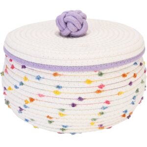 sea team round cotton rope storage basket with lid, colorful rainbow pompom woven storage bin, pot, caddy, organizer, container for snacks, towels, plants, 9.8 x 5.5 inches, purple