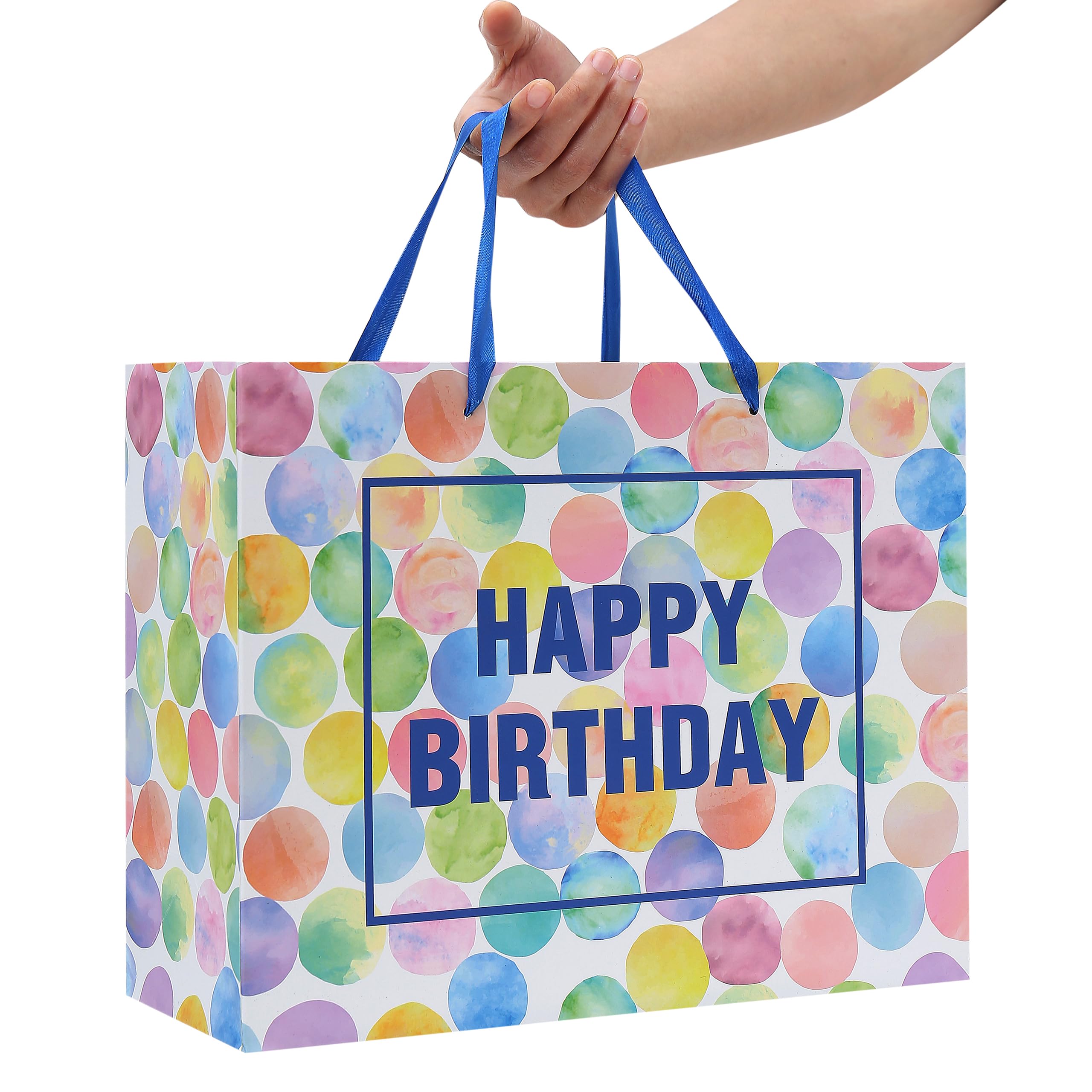 13" Large Colorful Gift Bag Set with Greeting Card and Tissue Papers (Dots and Happy Birthday) for Women's or Men's Birthday Party, Girls', Boys' or Kids' Birthday Parties, Baby Shower, Baby Girl or Boy -13”x5.2”x10.2”,1 Pcs.