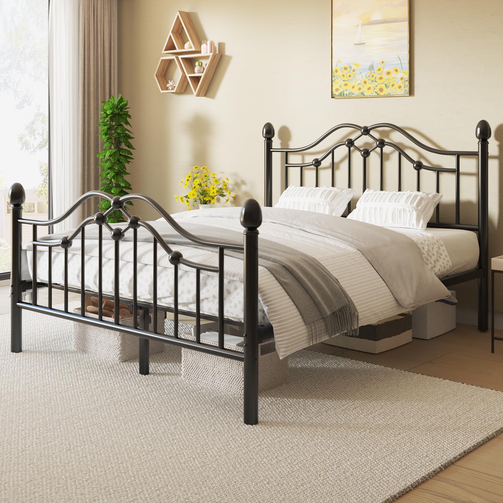 LOEWAY Full Metal Bed Frame with Classical Headboard and Footboard, Platform Bed Frame with Sturdy Metal Slats Support, Adequate Under Bed Storage, No Box Spring Needed, Easy Assembly, Black