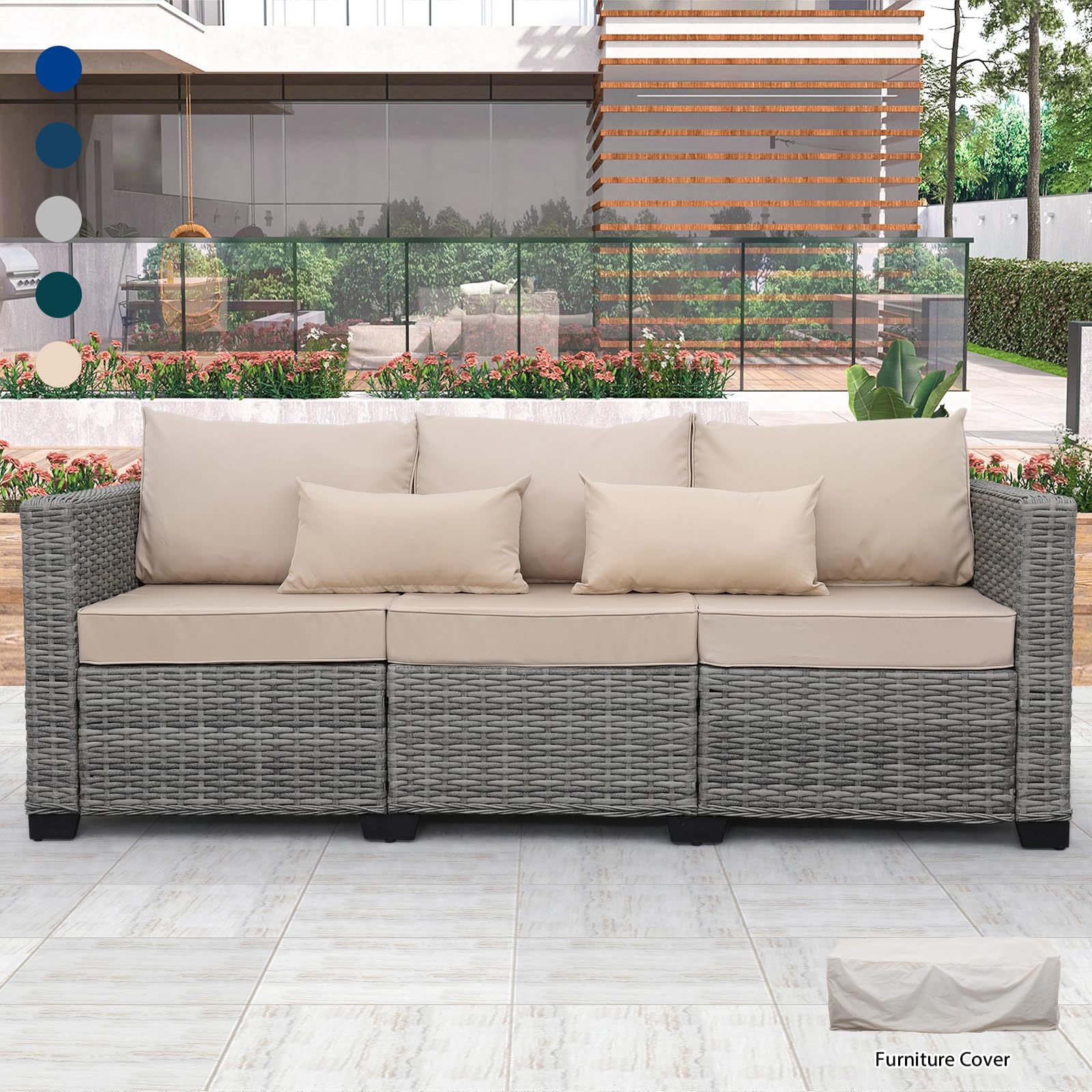 Rattaner Patio Furniture 3-seat Sofa Grey Wicker Outdoor Furniture Outdoor Couch Deep Seat Hight Backrest with Waterproof Cover, Khaki Anti-Slip Cushions