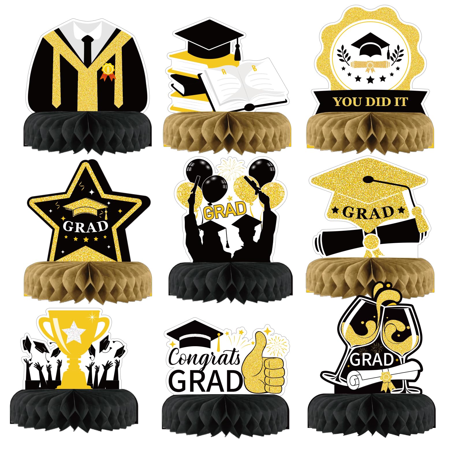 SUNKIM 9Pcs Graduation Centerpieces 2024 Graduation Party Decorations Congrats Grad Table Toppers Graduation Decorations Class of 2024 Graduation Table Decorations for Party Celebration,Black-Gold