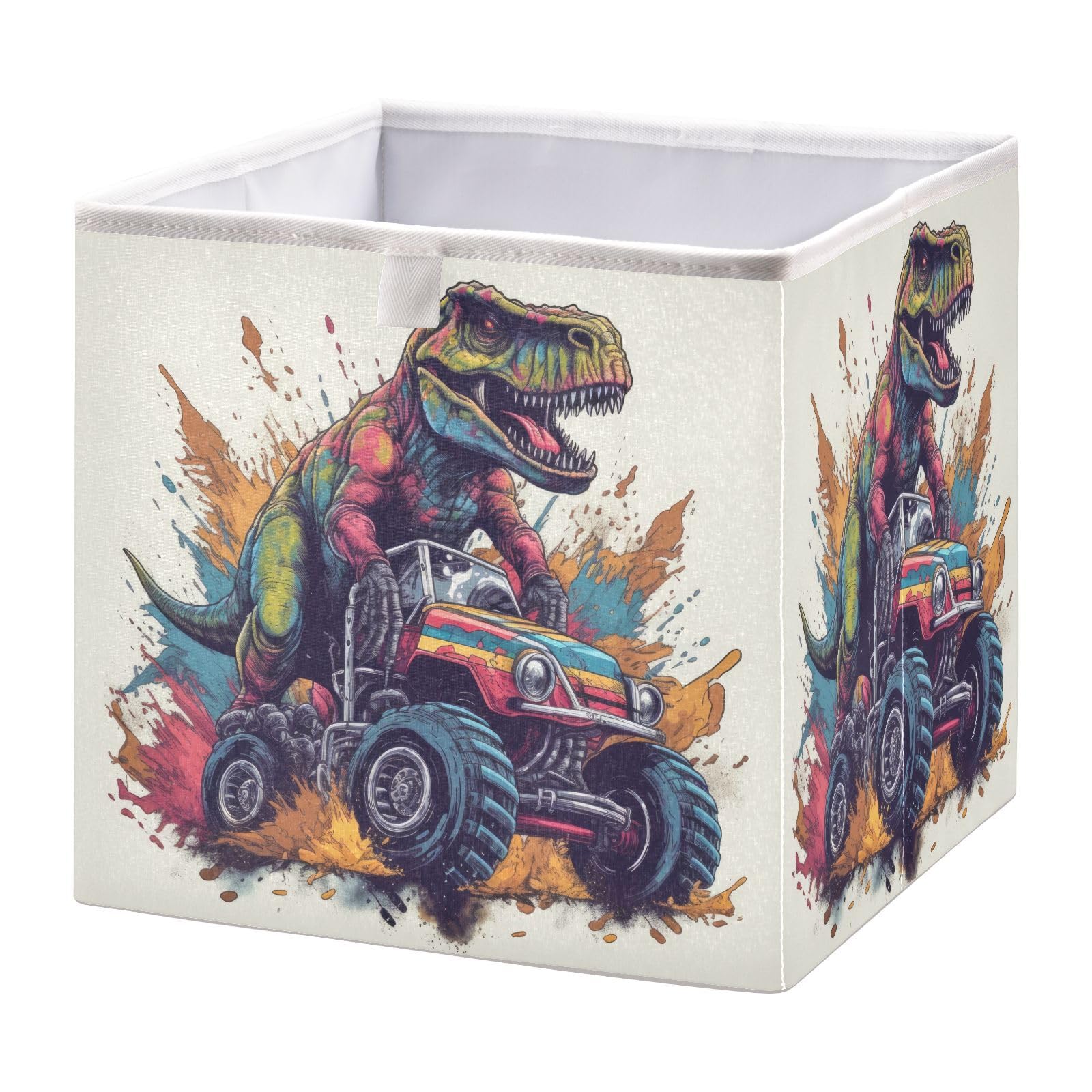 YMGQYJ Rex on Monster Truck Collapsible Storage Cube, Organizing Basket with Support Board for Shelf Closet Cabinet 11×11×11 in