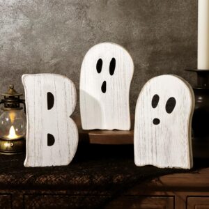 treory halloween table decorations indoor: 3pcs farmhouse halloween cute ghost decorations, mini black white boo wood plank signs, rustic tiered tray decor wooden ghost desk office decor for home kids