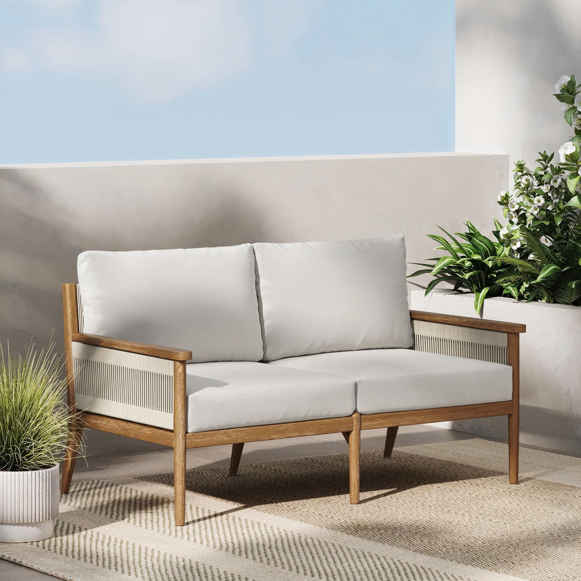 Nathan James Kayden Bohemian Wood Loveseat Sofa, Upholstered Outdoor Seating with Removable Cushion Covers, Solid Acacia Wood Frame, Light Brown