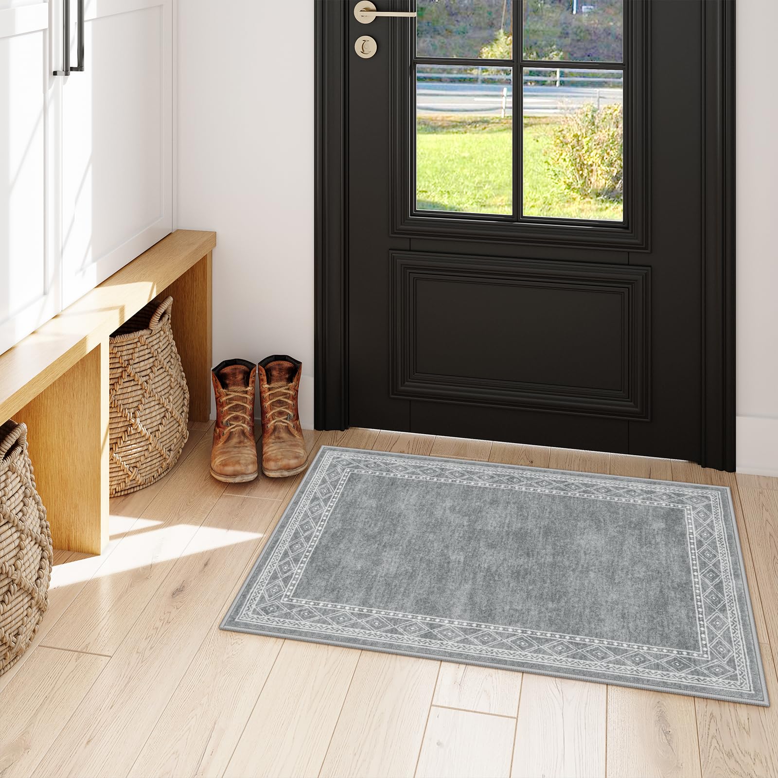 Lahome Modern Bordered Entryway Rugs Indoor- 2x3 Kitchen Rugs Non Slip Washable Ultra-thin Soft Small Rug Indoor Door Mat, Throw Carpet Washable Rugs for Bathroom Bedroom Entry(2x3ft,Grey)