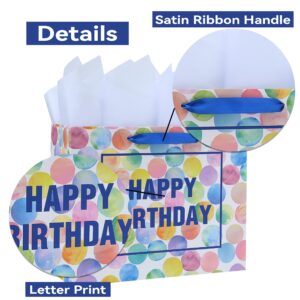 13" Large Colorful Gift Bag Set with Greeting Card and Tissue Papers (Dots and Happy Birthday) for Women's or Men's Birthday Party, Girls', Boys' or Kids' Birthday Parties, Baby Shower, Baby Girl or Boy -13”x5.2”x10.2”,1 Pcs.