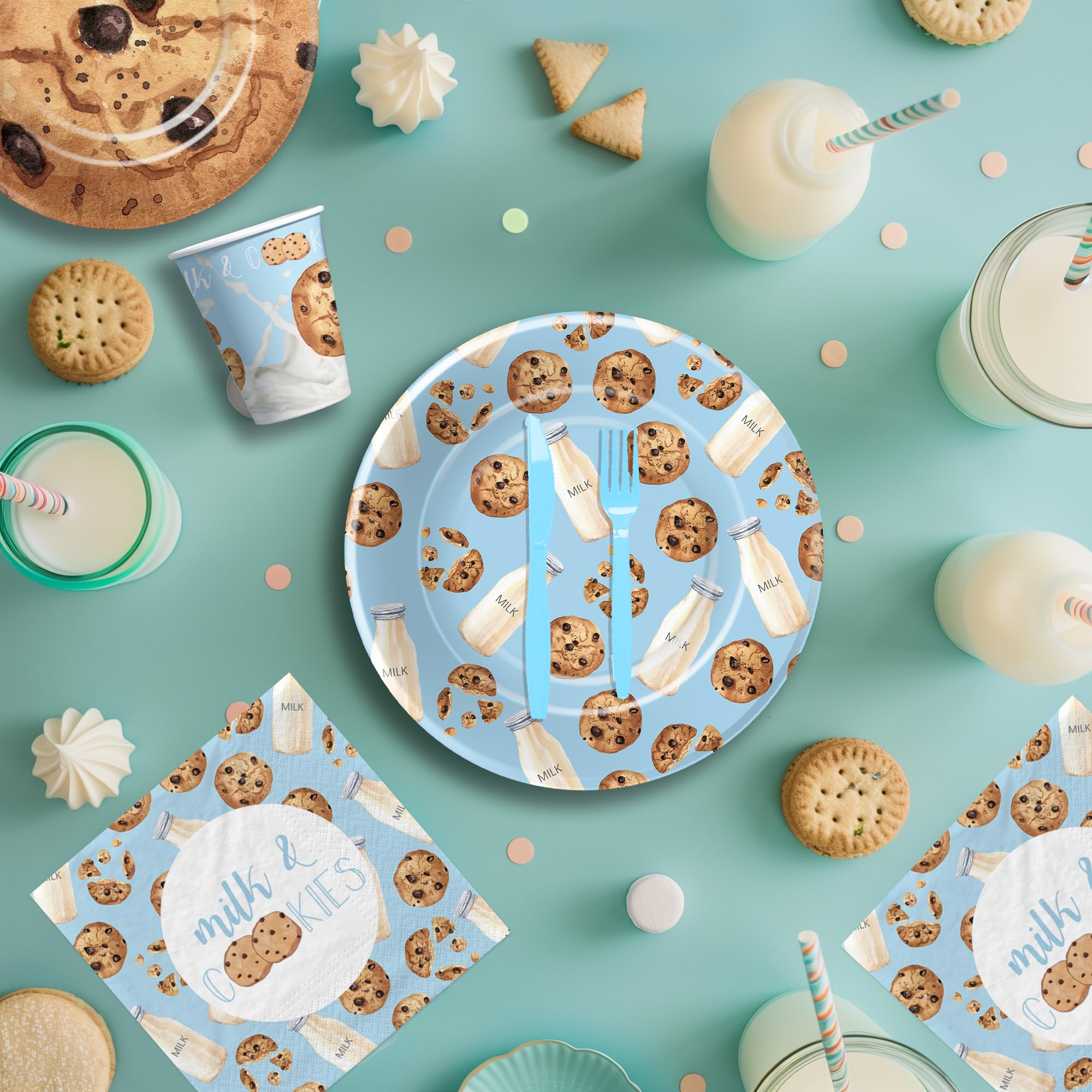 Xigejob Milk and Cookies Birthday Party Supplies - Milk and Cookies Party Decorations Tableware, Paper Plate, Cup, Napkin, Cutlery, Chocolate Chip Cookies and Milk Baby Shower Decorations | Serve 24