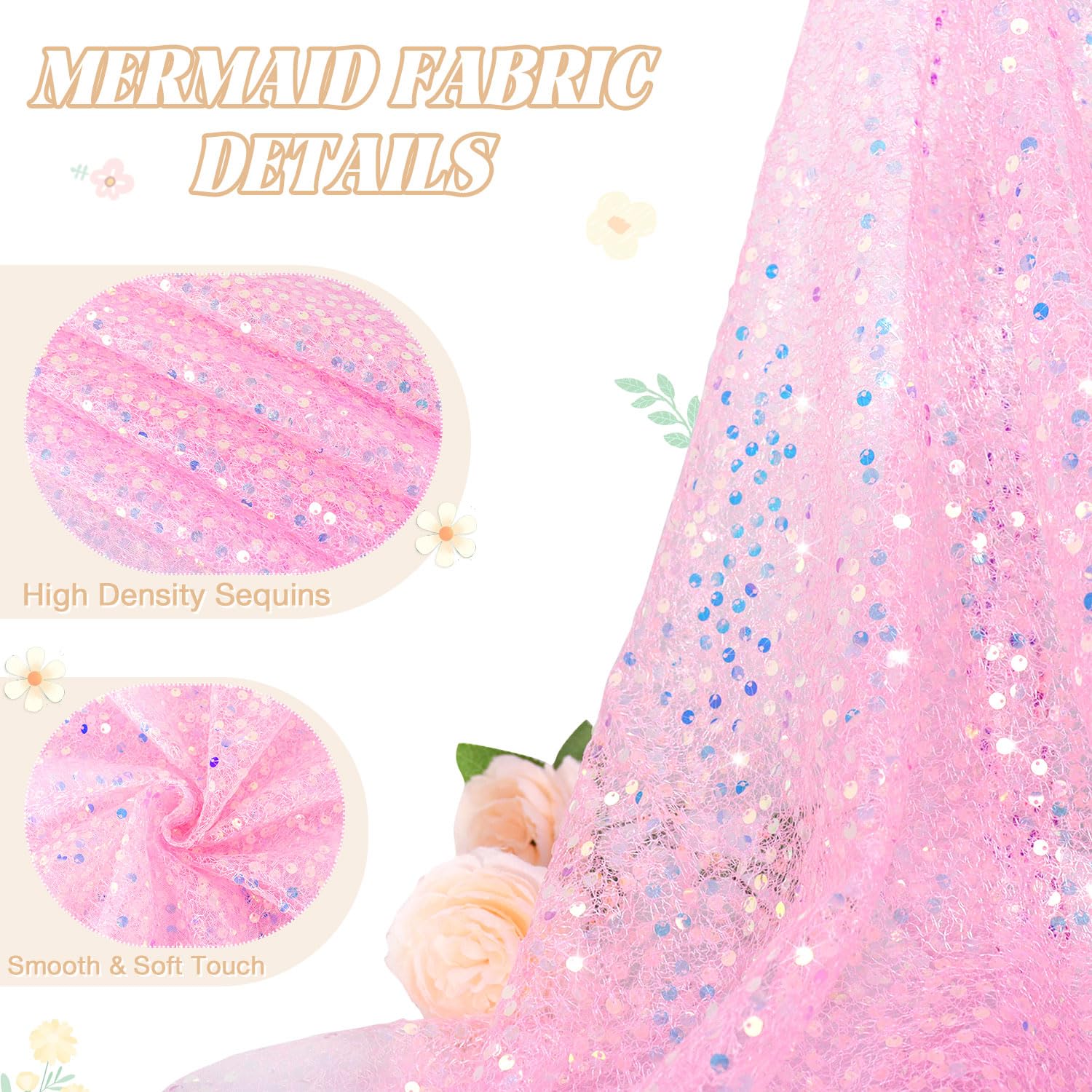 FUHSY Sequin Fabric by The Yard Sequin Pink Fabric Sparkly Sequin Material Fabric Iridescent Mermaid Fabric 1 Yard Large Sequins Sewing Fabric Glitter for Costume Dresses Clothing DIY Crafts