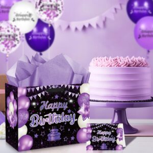 Purple Birthday Gift Bag, Large Purple and Black Happy Birthday Gift Bag with Card and Purple Tissue Paper for Girls Women Anniversary Birthday Party Favors Kids Adults Goodie Wrapping Bag Supplies