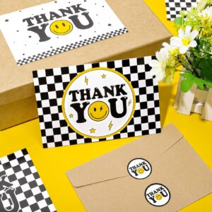 Whaline 40Pcs One Happy Dude Thank You Greeting Cards with Envelopes and Stickers Checkerboard Smile Face Thank You Cards for Back to School Birthday Baby Shower Decors, 4 Designs