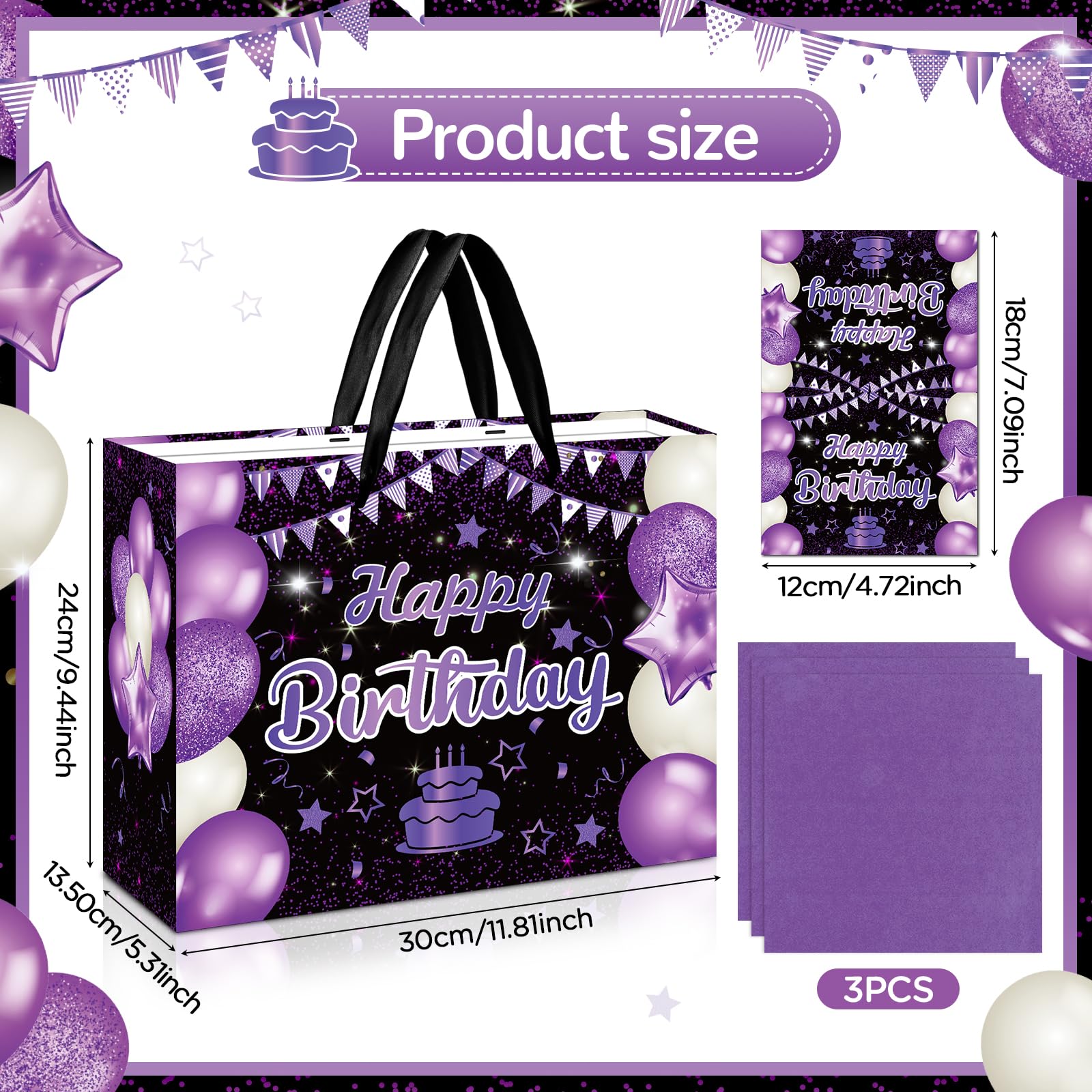 Purple Birthday Gift Bag, Large Purple and Black Happy Birthday Gift Bag with Card and Purple Tissue Paper for Girls Women Anniversary Birthday Party Favors Kids Adults Goodie Wrapping Bag Supplies