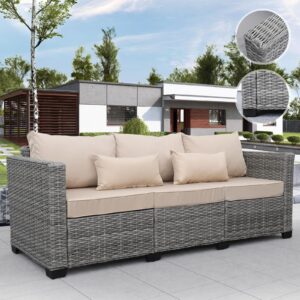 Rattaner Patio Furniture 3-seat Sofa Grey Wicker Outdoor Furniture Outdoor Couch Deep Seat Hight Backrest with Waterproof Cover, Khaki Anti-Slip Cushions