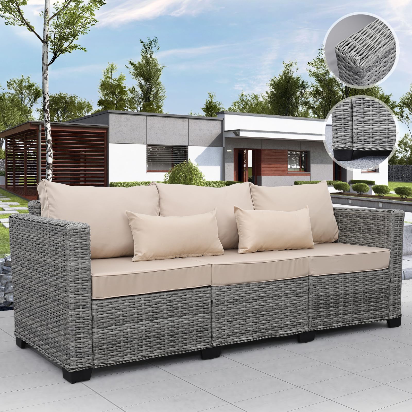 Rattaner Patio Furniture 3-seat Sofa Grey Wicker Outdoor Furniture Outdoor Couch Deep Seat Hight Backrest with Waterproof Cover, Khaki Anti-Slip Cushions