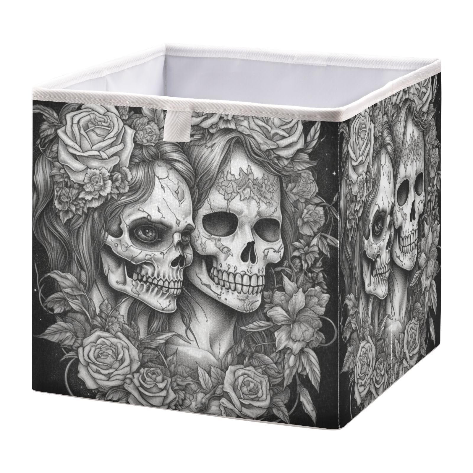 YMGQYJ Black White Skulls Floral Collapsible Storage Cube, Organizing Basket with Support Board for Shelf Closet Cabinet 15.7×10.6×6.9 in