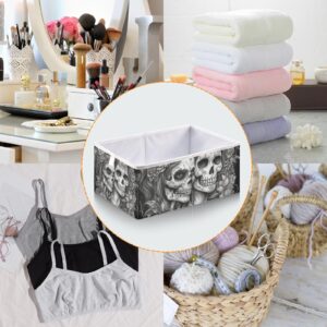 YMGQYJ Black White Skulls Floral Collapsible Storage Cube, Organizing Basket with Support Board for Shelf Closet Cabinet 15.7×10.6×6.9 in