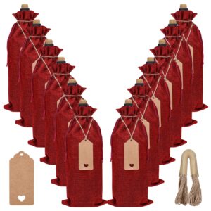 evrwo burlap wine bags 12 pcs wine bottle gift bags reusable gift bags with drawstrings tags & ropes for holiday weedings party, birthdays, travel, blind tastings, home storage 750ml (burgundy)