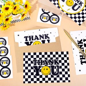 Whaline 40Pcs One Happy Dude Thank You Greeting Cards with Envelopes and Stickers Checkerboard Smile Face Thank You Cards for Back to School Birthday Baby Shower Decors, 4 Designs