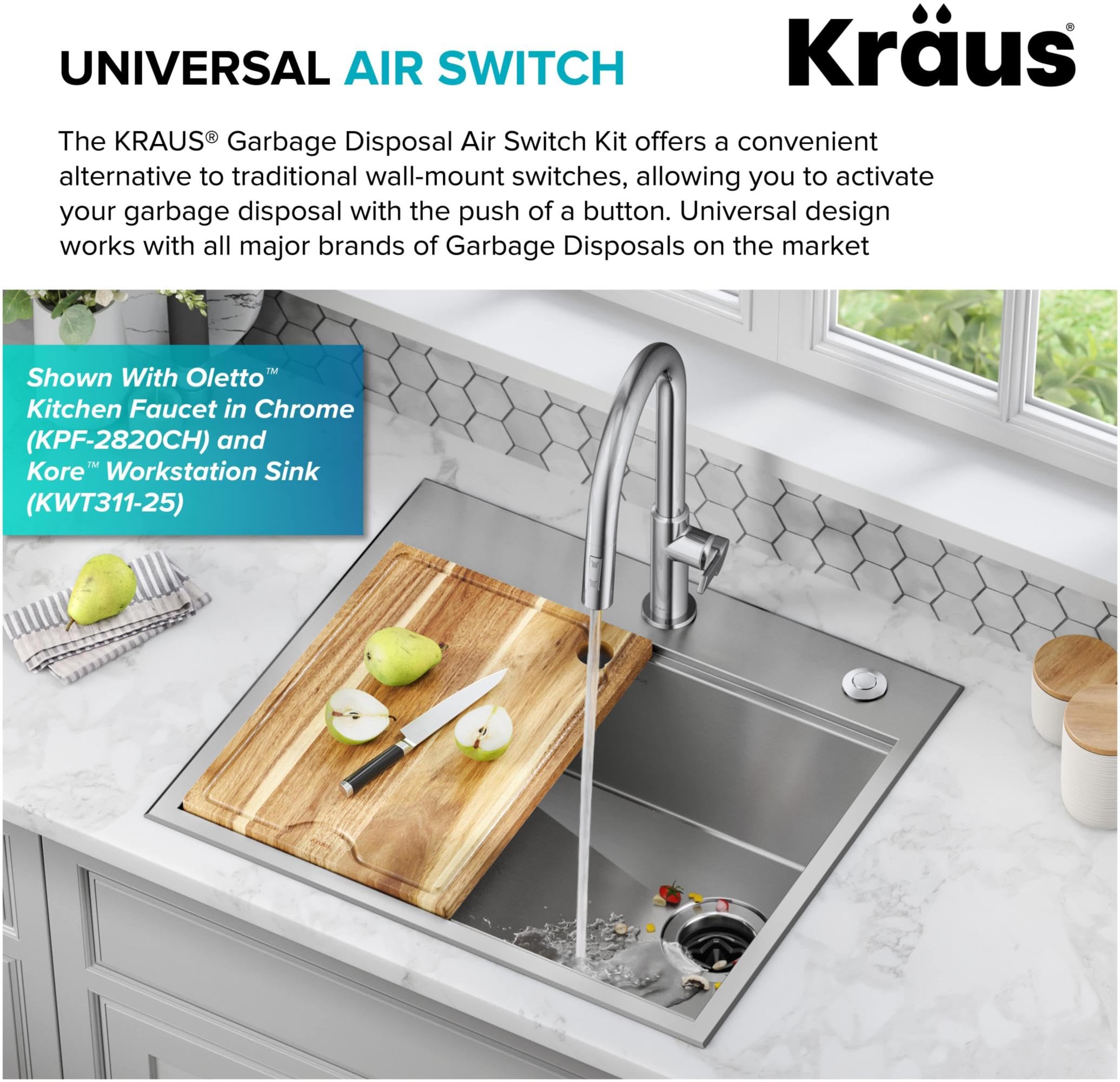 KRAUS Garbage Disposal Air Switch Kit in Spot-Free Stainless Steel with Push Button, AC Adapter, Power Cord, and Air Tube Included, KWDA-100SFS