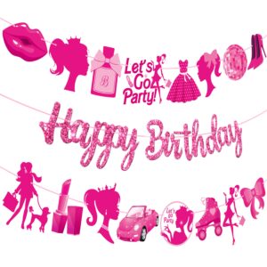 Hot Pink Girl Happy Birthday Banners Glitter Pink Birthday Party Decorations for Girls Hot Pink Princess Ladies Party Decorations for Bachelorette Bridal Shower Party Supplies