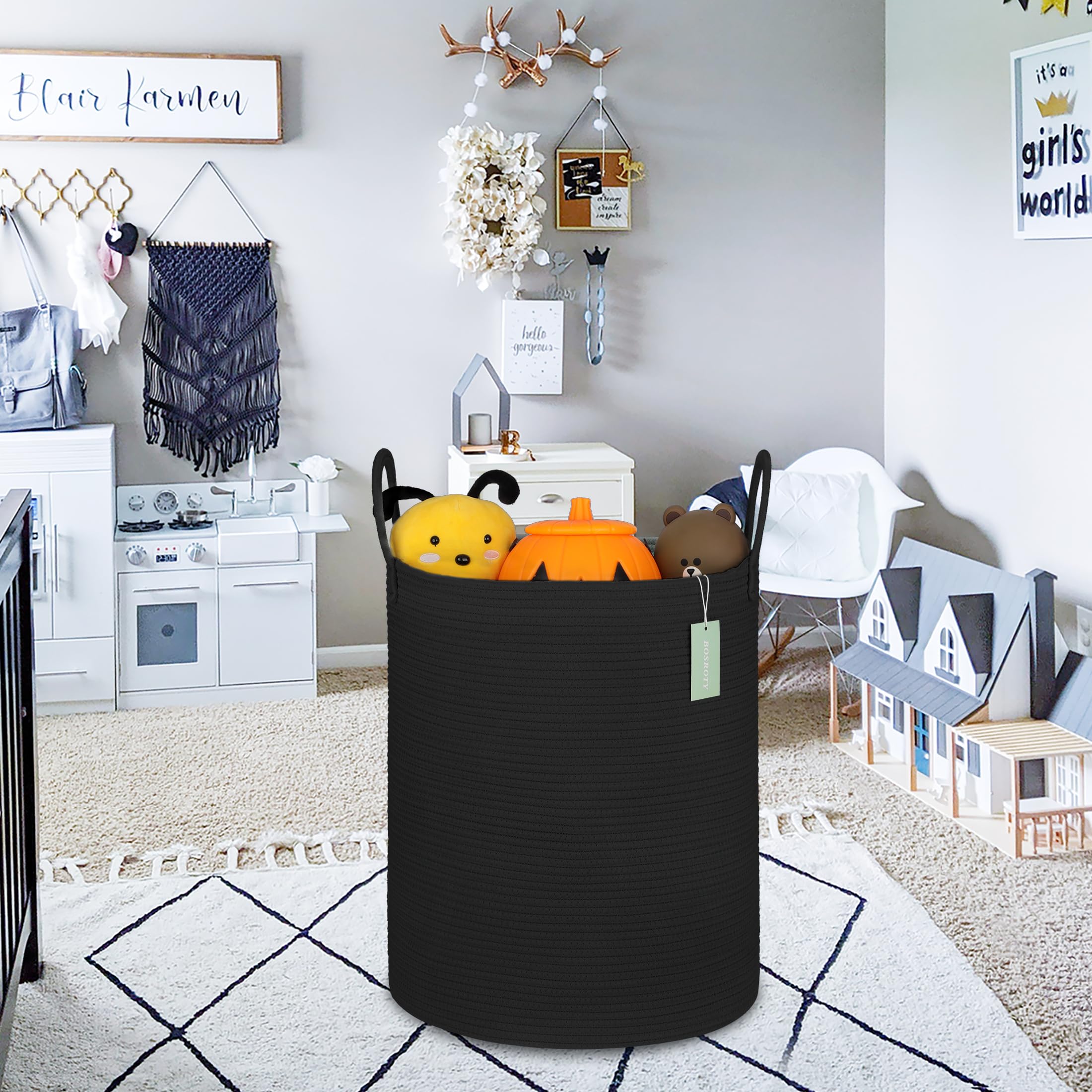 BOSROTY Large Cotton Rope Laundry Basket Hamper for Clothes 65L, Woven Storage Basket for Living Room Bedroom, Tall Rope Baskets, Blanket Basket, Baby Nursery Hamper Bin, 16”x 20”, Black