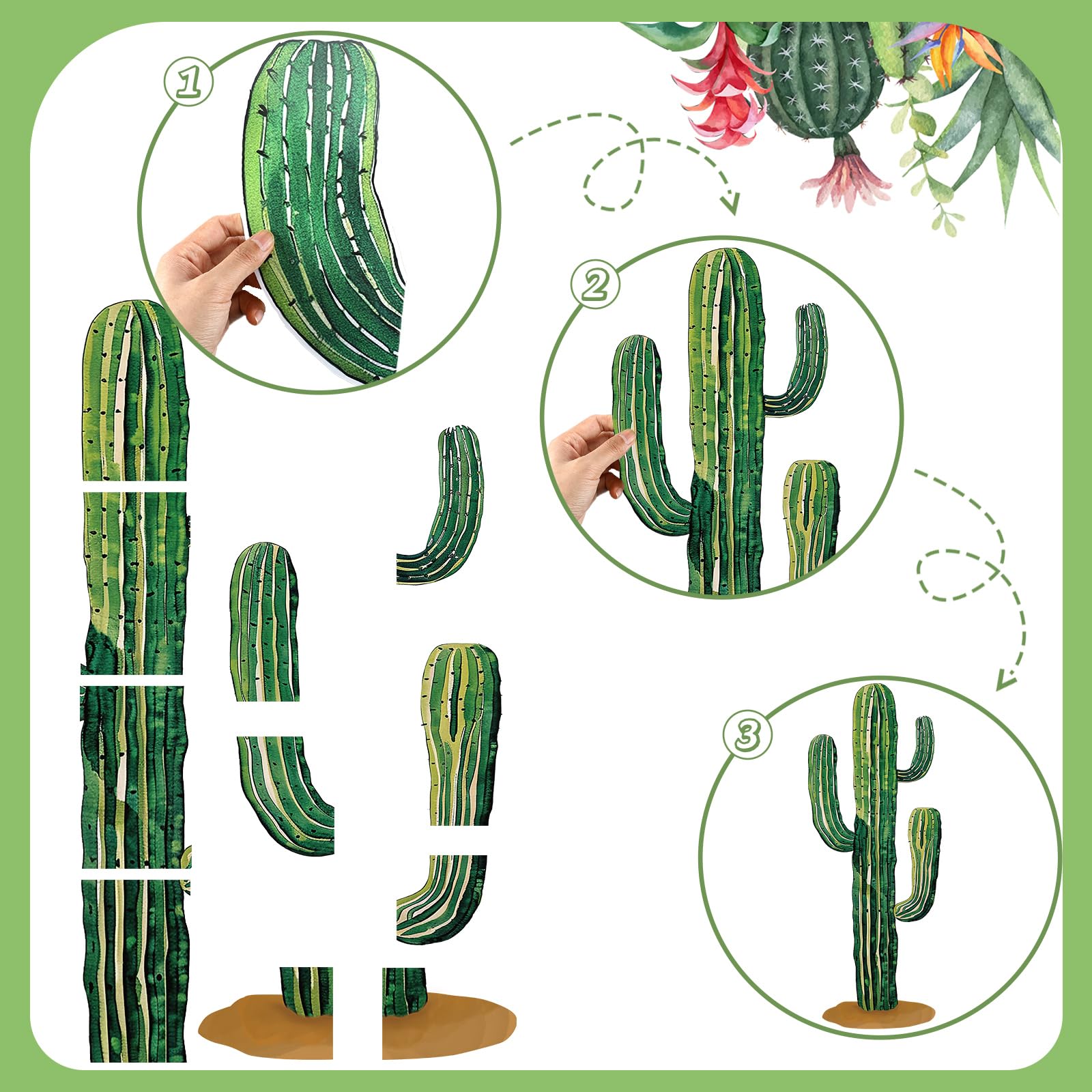 2 Pcs 6 Feet Large Boho Cactus Wall Decor Jointed Cactus Cutouts Wall Stickers Tropical Cacti Wall Decals Stickers Bohemian Green Botanical Cactus Decorations for Classroom Bedroom Cinco De Mayo