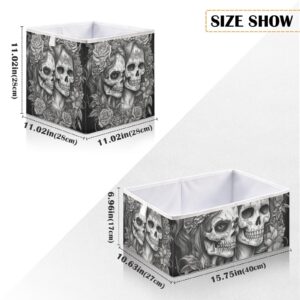 YMGQYJ Black White Skulls Floral Collapsible Storage Cube, Organizing Basket with Support Board for Shelf Closet Cabinet 15.7×10.6×6.9 in