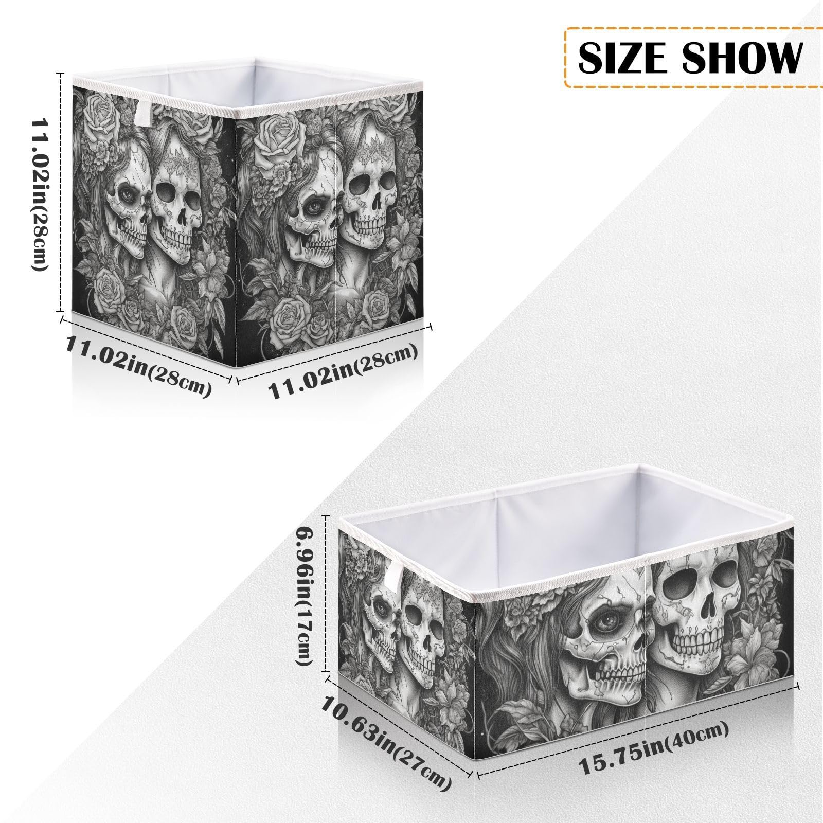 YMGQYJ Black White Skulls Floral Collapsible Storage Cube, Organizing Basket with Support Board for Shelf Closet Cabinet 15.7×10.6×6.9 in